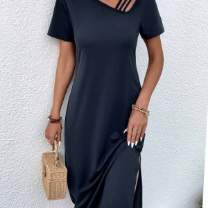 Casual Plain Asymmetrical Jersey Dress, Midi, color:Purplish blue|size:XXL, Noracora