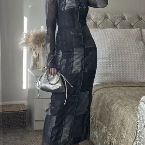 High Elasticity Elegant Tight Stand Collar Long Sleeve Maxi Dress, Maxi Dresses, color:Black|size:XXL, Stylewe