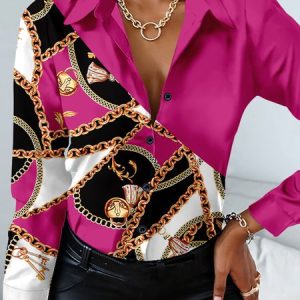 Shirt Collar Regular Fit Urban Abstract Chain Blouse, Blouses and Shirts, color:Rose Red|size:XXL, Stylewe