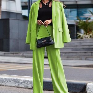 Women Plain Lapel Collar Long Sleeve Comfy Casual Top With Pants Two-Piece Set, Sets, color:Green|size:XL, Noracora