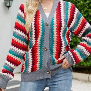 Casual Others Loose Striped Cardigan, Sweaters, color:Gray|size:XL, JustFashionNow