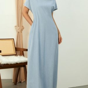 Crew Neck Denim Casual Plain Loose  Pockets Dress, Dresses, color:Light Blue|size:XXL, Stylewe