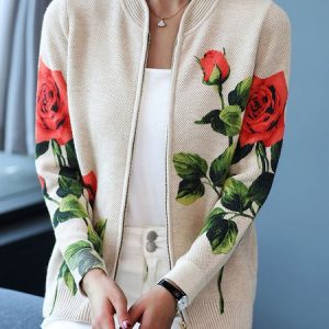 Floral V Neck Casual Regular Fit Jacket, Jackets, color:Apricot|size:XXL, JustFashionNow