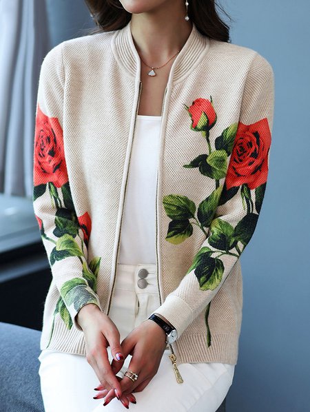 Floral V Neck Casual Regular Fit Jacket, Jackets, color:Apricot|size:XXL, JustFashionNow