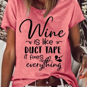 Womens Funny Wine fixes everything Letters T-Shirt, color:Red|size:3XL, Lilicloth.com
