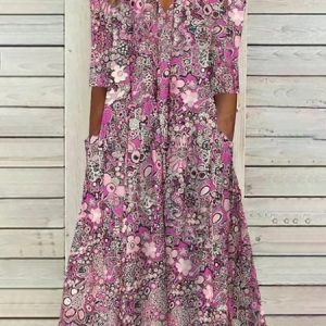 Regular Sleeve Elegant Floral Loose Dress, Maxi, color:Deep Pink|size:3XL, Noracora