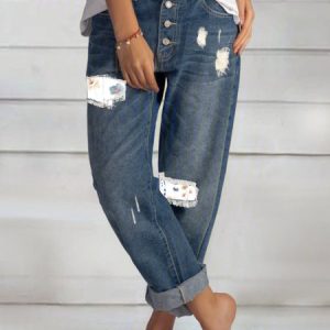 Casual Floral Patch Denim Jeans Urban Daily Vacation Women's Clothing, Jeans, color:Blue|size:XXL, JustFashionNow