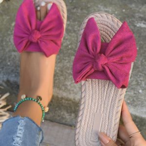 Faux Suede Bow Waterproof Beach Slippers, Sandals, color:Red|size:43, Noracora