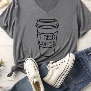 Lilicloth X Funnpaw Women's I Need Coffee Matching V Neck T-Shirt, color:Gray|size:XXL, Lilicloth.com