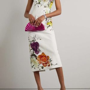 Elegant Regular Fit Floral Crew Neck Dress, Midi Dresses, color:White|size:XXL, Stylewe