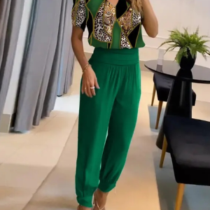 V Neck Casual Color Block Two-Piece Set, Suit Set, color:Green|size:XXL, JustFashionNow