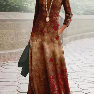 Boho Ethnic Crew Neck Dress, Maxi, color:Multicolor|size:XXL, Noracora