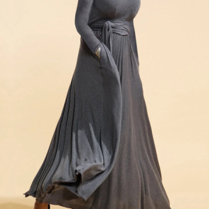 Regular Fit High Turtleneck Elasticity Long Sleeve Elegant Dress With Belt, Maxi Dresses, color:Gray|size:XXL, Stylewe