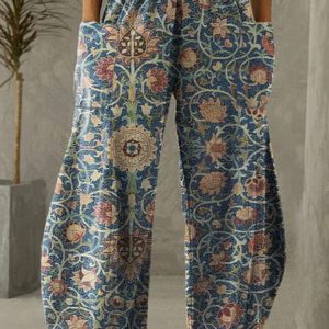 Women Ethnic Vintage Cotton-Blend Casual Wide-Leg Pants, Pants, color:Multicolor|size:XXL, JustFashionNow