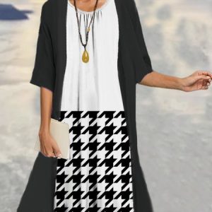 Women Houndstooth Crew Neck Three Quarter Sleeve Comfy Casual Coat With Skirt Two-Piece Set, SET, color:Black|size:5XL, Noracora