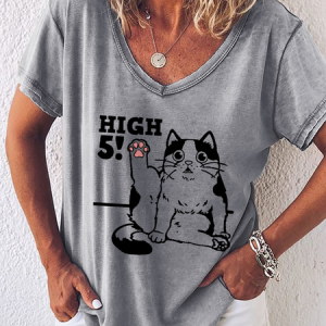 Women's Cute High 5! Funny Cat Simple V Neck T-Shirt, color:Gray|size:3XL, Lilicloth.com