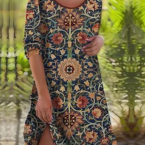 Casual Loose Ethnic Crew Neck Dress, Dresses, color:Yellow Brown|size:XXL, JustFashionNow