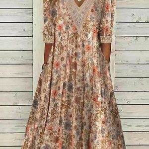 Casual V Neck Floral Dress, Maxi, color:Khaki|size:XXL, Noracora