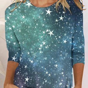 Casual Leaf Crew Neck Long Sleeve T-shirt, T-shirts, color:Blue|size:5XL, Noracora