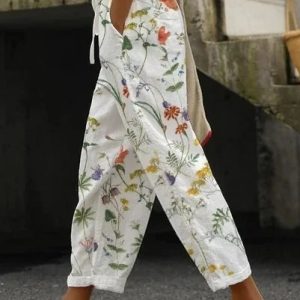 Floral Loose Casual Pants, Pants, color:White|size:4X, JustFashionNow