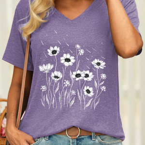 WomenвЂ™s Flower Meteor Shower Cotton Casual V Neck T-Shirt, T-shirts, Lilicloth.com