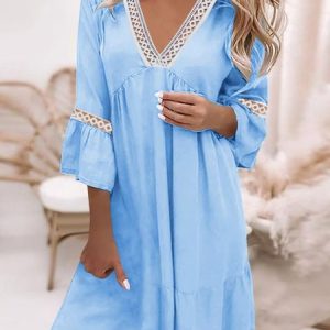 Women Plain V Neck Long Sleeve Comfy Casual Lace Short Dress, Short, color:Blue|size:XXL, Noracora