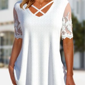 Lace Casual Plain Regular Fit Shirt, Shirts & Blouses, color:White|size:XXL, JustFashionNow