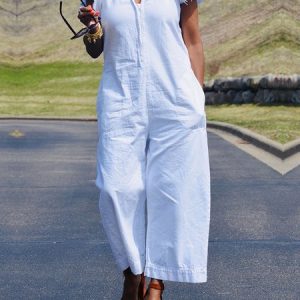 Casual Plain Loose V Neck Jumpsuit, Jumpsuits, color:White|size:XXL, Stylewe