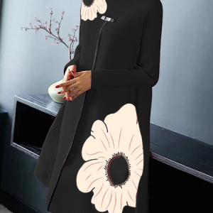 Stand Collar High Elasticity Floral Loose Long Sleeve Urban Short Dress, Mini Dresses, color:Black|size:XXL, Stylewe