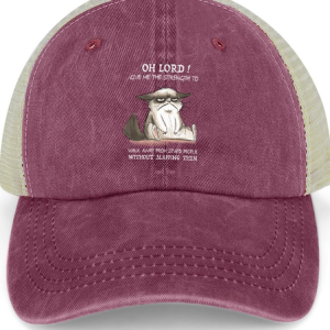 Funny Word Oh Lord Give Me The Strength To Walk Away From Stupid People Without Slapping Washed Mesh-back Baseball Cap, color:Wine Red|size:One-size, Lilicloth.com