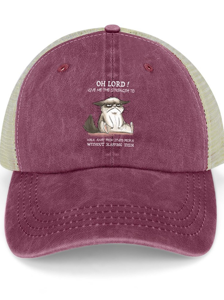 Funny Word Oh Lord Give Me The Strength To Walk Away From Stupid People Without Slapping Washed Mesh-back Baseball Cap, color:Wine Red|size:One-size, Lilicloth.com