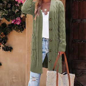 Women Yarn/Wool Yarn Plain Long Sleeve Comfy Casual Cardigan, Cardigans, color:Army Green|size:3XL, Noracora