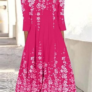 Loose Crew Neck Casual Floral Dress, Dresses, color:Rose Red|size:XXL, JustFashionNow