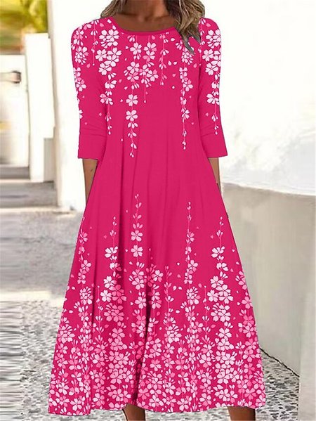 Loose Crew Neck Casual Floral Dress, Dresses, color:Rose Red|size:XXL, JustFashionNow