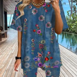 Casual Loose V Neck Floral Two-Piece Set, Suit Set, color:Blue|size:XXL, JustFashionNow