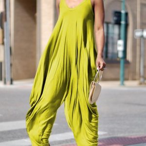 Loose V Neck Urban Sleeveless Plain Jumpsuit, Jumpsuits, color:Yellow|size:XXL, Stylewe