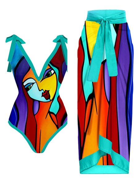Vacation Abstract Printing V Neck One Piece With Cover Up, One-Pieces, color:Multicolor|size:XXL, Stylewe