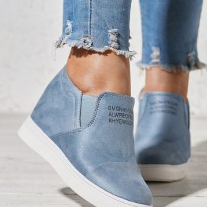 Fashion Letter Slip On Wedge Sneakers Faux Suede Wedge Heel Casual Sneakers, Sneakers, color:Blue|size:US 11, JustFashionNow