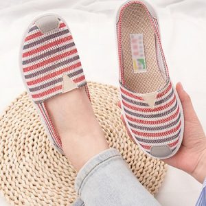 JFN Striped Print Non-slip Soft Sole Round Toe Pumps Canvas Flats, Flats, color:Red|size:US 9, JustFashionNow