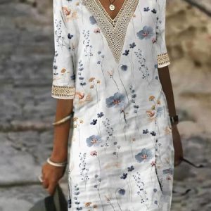 V Neck Casual Floral Printed Lace Dress, Dresses, color:White|size:XXL, JustFashionNow