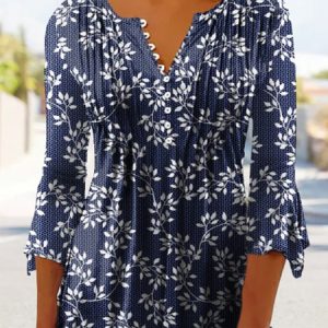 Leaves 3/4 Sleeve Buttoned Notched Casual Top, Shirts & Blouses, color:Deep Blue|size:XXL, JustFashionNow