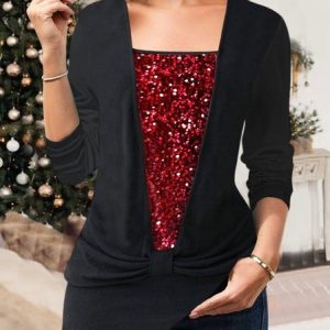 Urban Regular-fit Color-block Sequined Jersey Top, Tops, color:Black|size:XXL, JustFashionNow