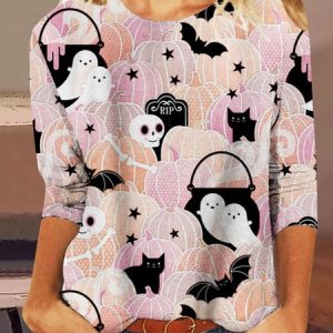Casual Halloween Crew Neck Three Quarter Sleeve T-shirt, T-shirts, color:Color6|size:XXL, Noracora