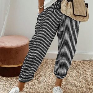 Striped Casual Loose Cotton Pants, Pants, color:Black-white|size:XXL, JustFashionNow