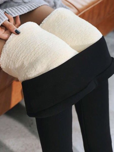 Plain High Waist Regular Fit Fleece Leggings, Pants, color:Black|size:XXL, Stylewe