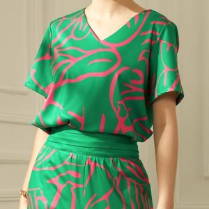 Casual Regular Fit V Neck Abstract Stripes Shirt, Blouses and Shirts, color:Green|size:XS, Stylewe