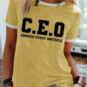 Women's Funny CEO Conouer Every Obstacle Graphic Printing Casual Crew Neck Cotton-Blend Regular Fit T-Shirt, color:Yellow|size:3XL, Lilicloth.com