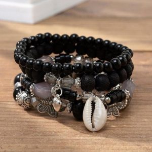 Boho Peacock Blue Stretch Layered Bracelet, Bracelets, color:Black|size:One-size, JustFashionNow