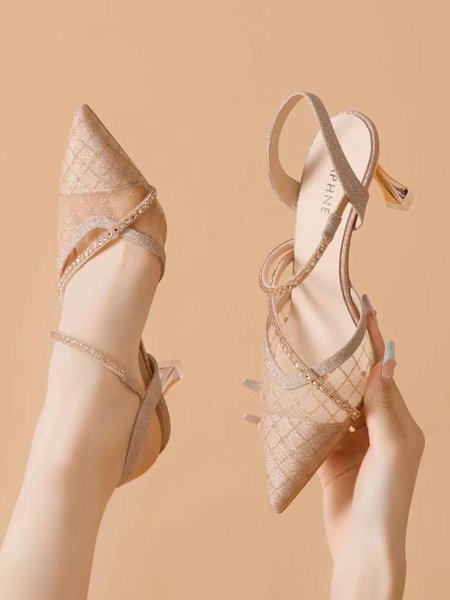 Elegant Mesh Glitter Rhinestones Dress Heels, Heels, color:Champagne|size:39, Stylewe