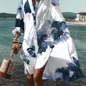 Vacation Shirt Collar Floral Dress, Midi Dresses, color:white-blue|size:XXL, Stylewe